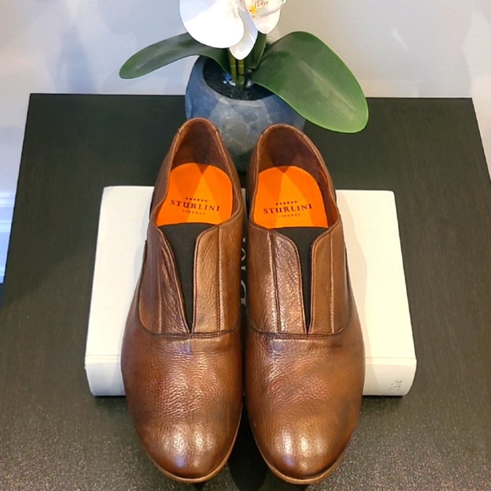 New Sturlini Firenze, Mens Made Im Italy, Brown Leather Slip-On Loafers Size 45